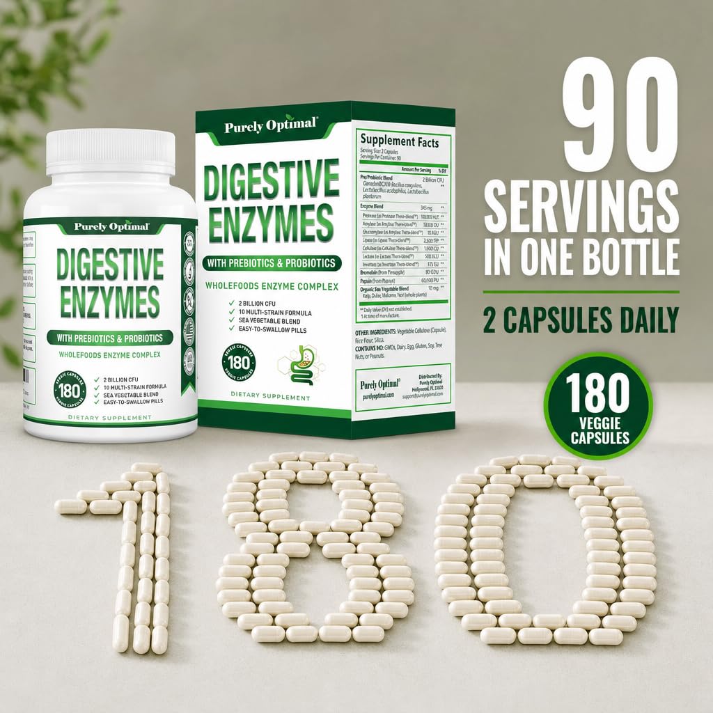 Purely Optimal Digestive Enzymes for Women and Men – Multi-Enzyme Supplement for Bloating Relief, Digestion and Heavy Meal Support – with Probiotics and Prebiotics for Gut Health, 180 Capsules