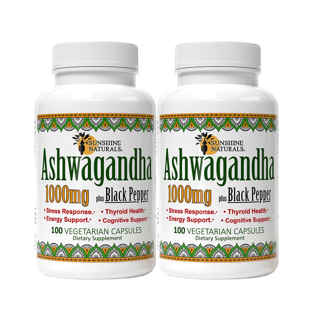 Sunshine Naturals Ashwagandha & Black Pepper Dietary Supplement Capsule, 200 Capsules