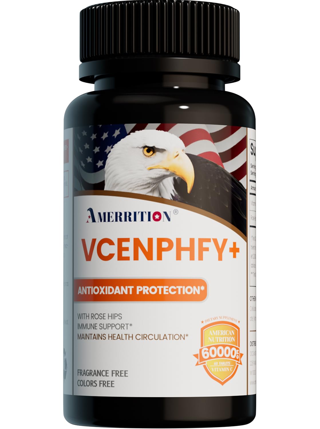 Amerrition VCENPHFY+ High-Potency Vitamin C Tablets - Buffered Formula with Rose Hips Powder, 60 Tablets