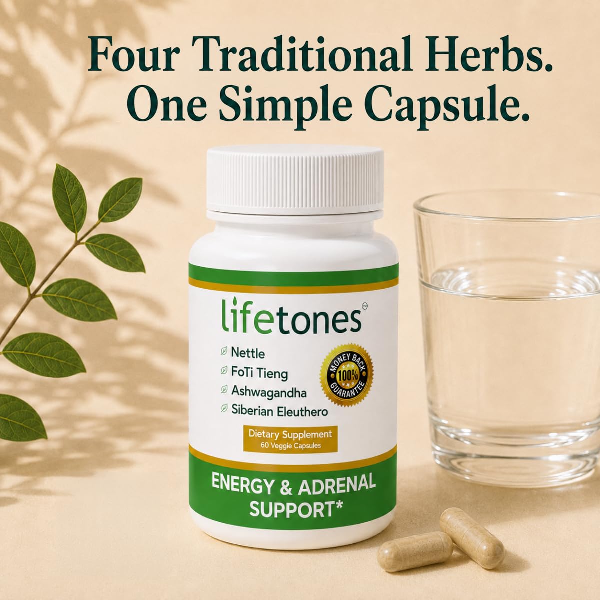 Life Tones Energy & Adrenal Support – Ashwagandha, Siberian Eleuthero, Nettle & FoTi – Herbal Adrenal & Natural Energy Supplement – Non-GMO, Sugar-Free, Caffeine-Free – 60 Vegan Capsules