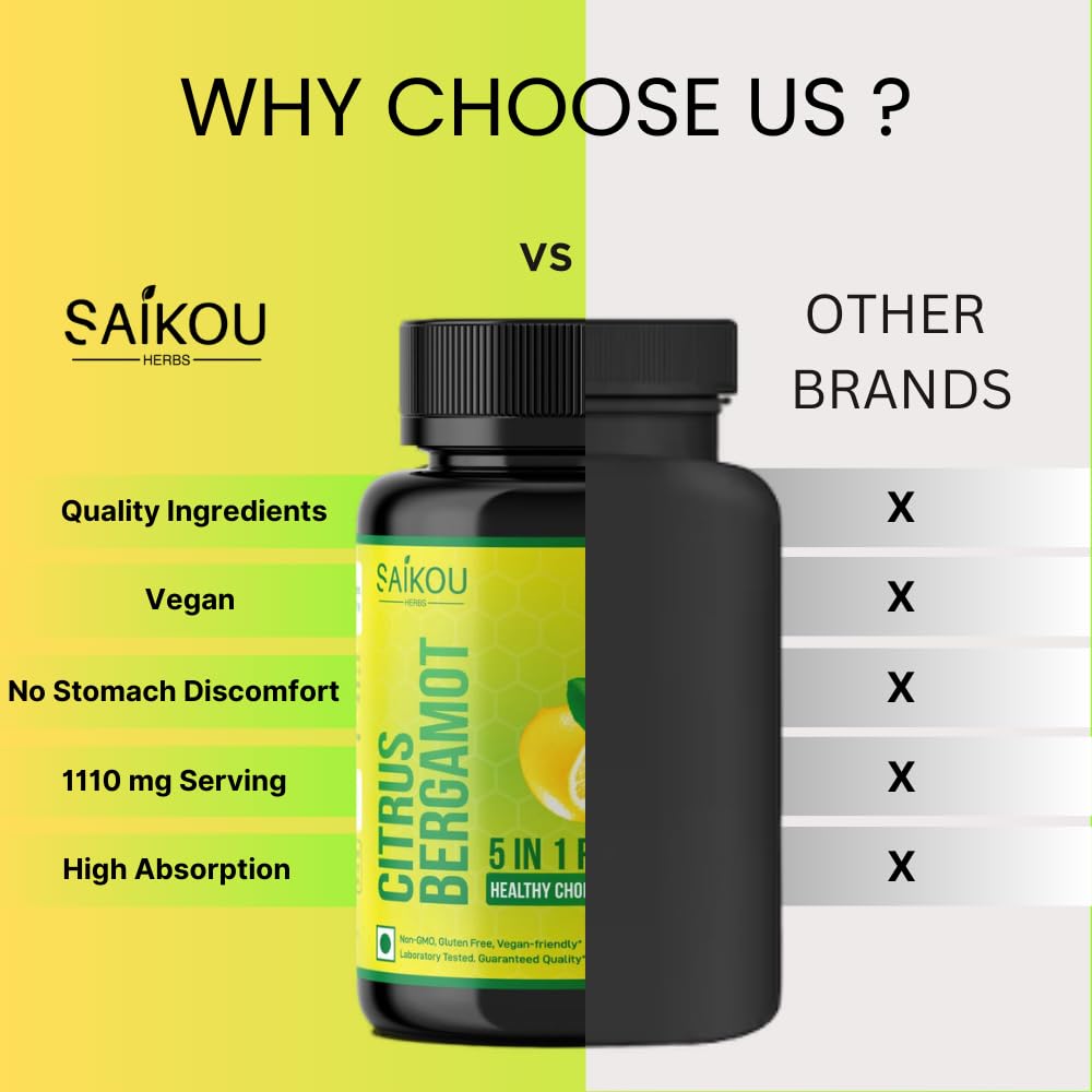 SAIKOU HERBS Citrus Bergamot 1110mg 5-in-1 Cardiovascular Wellness Formula with Black Chokeberry, Olive Leaf, Niacin & Black Pepper, 60 Capsules