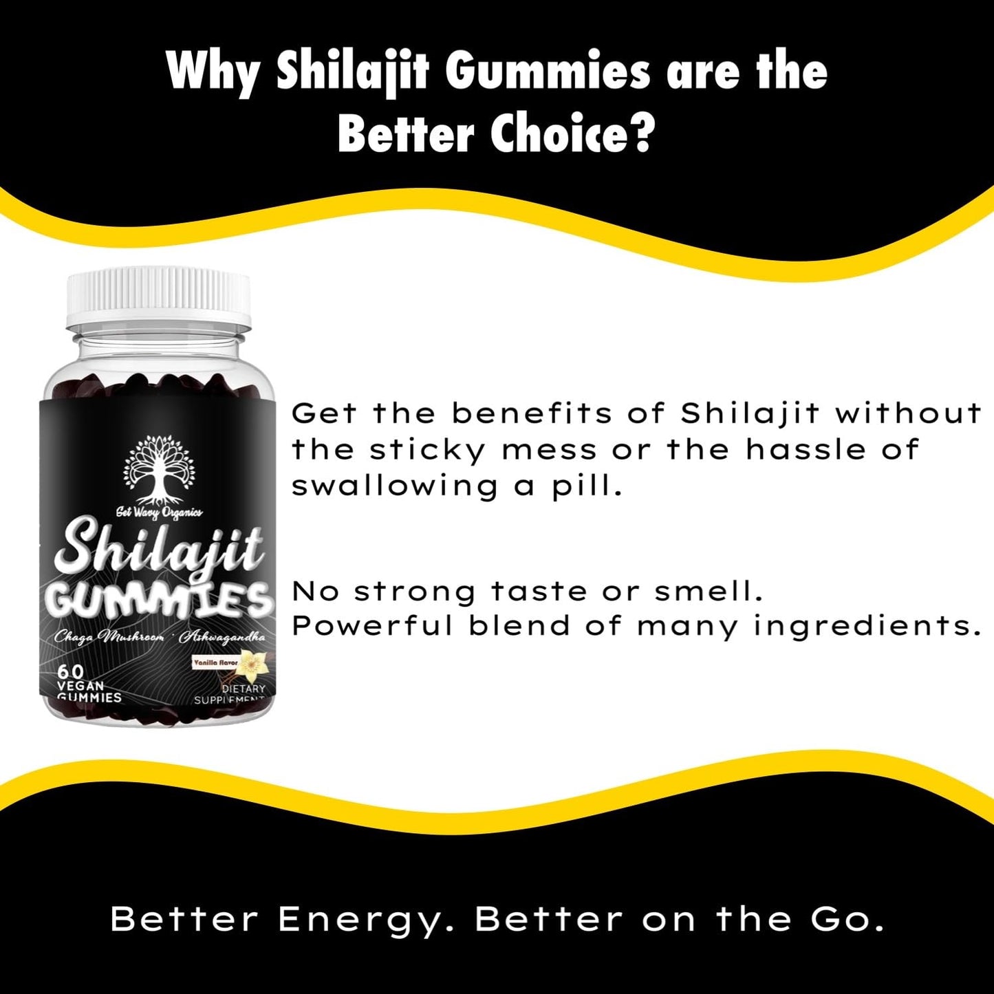 GET WAVY ORGANICS Pure Himalayan Shilajit Gummies with Ashwagandha and Chaga Mushrooms, Vitamin D2 and B12, Fulvic Acid and 85+ Trace Minerals, 60 Gummies