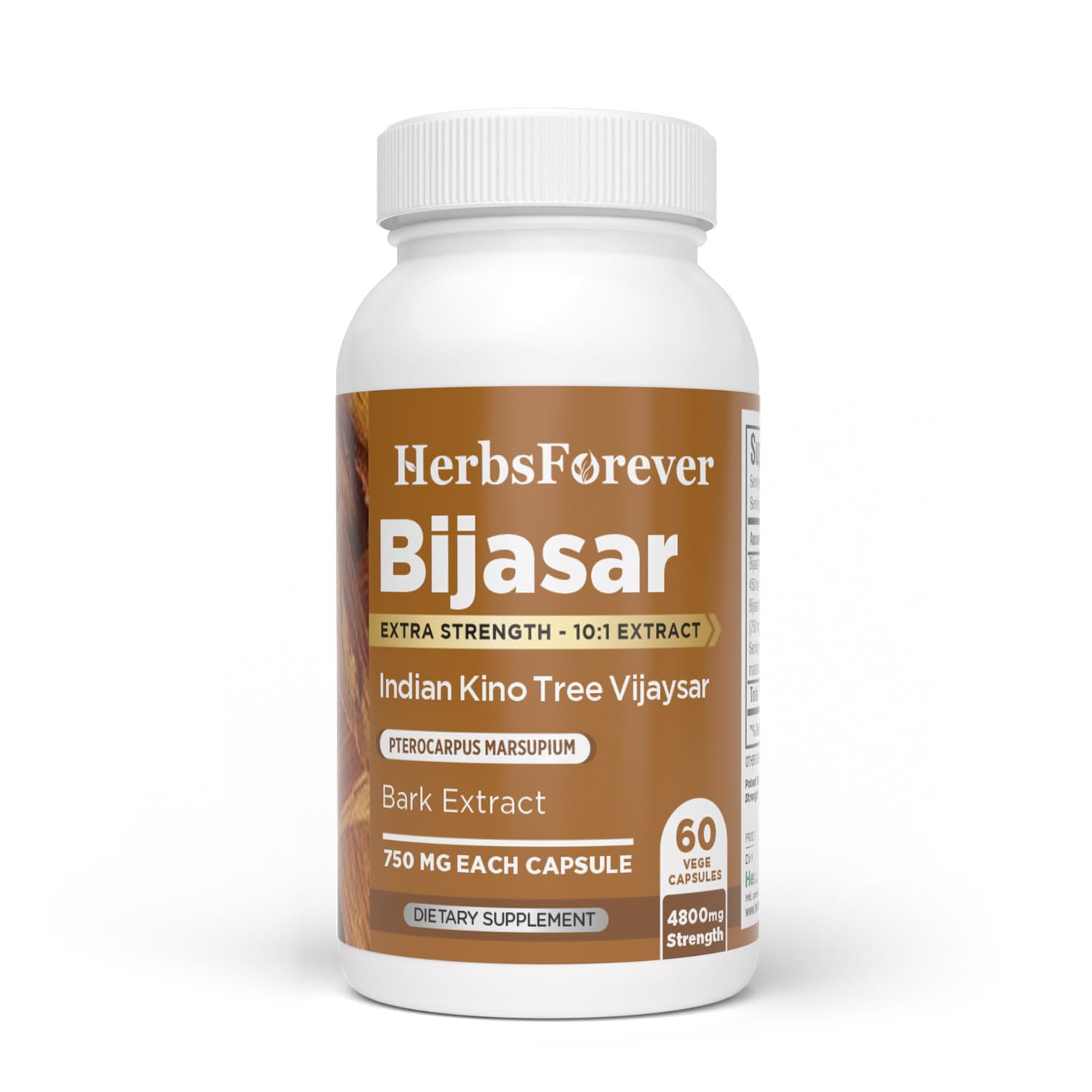 Herbsforever Bijasar Indian Kino Tree Extra Strength 10:1 Extract, 4800mg Bark Powder Equivalent per Serving, Capsules, 60 Count