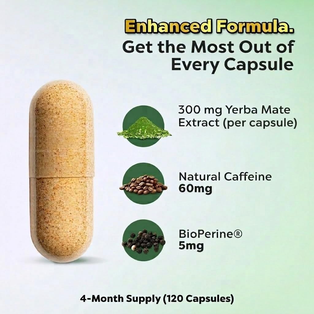 Yerba Mateine Extra Strength Yerba Mate High Potency, 60mg Caffeine Per Capsule, 120 Capsules