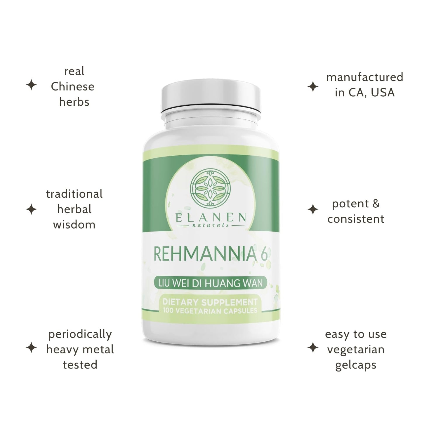 Elanen Naturals Liu Wei Di Huang Wan, Rehmannia 6, Six Flavor Rehmannia Vegetable Capsules, 100 Capsules