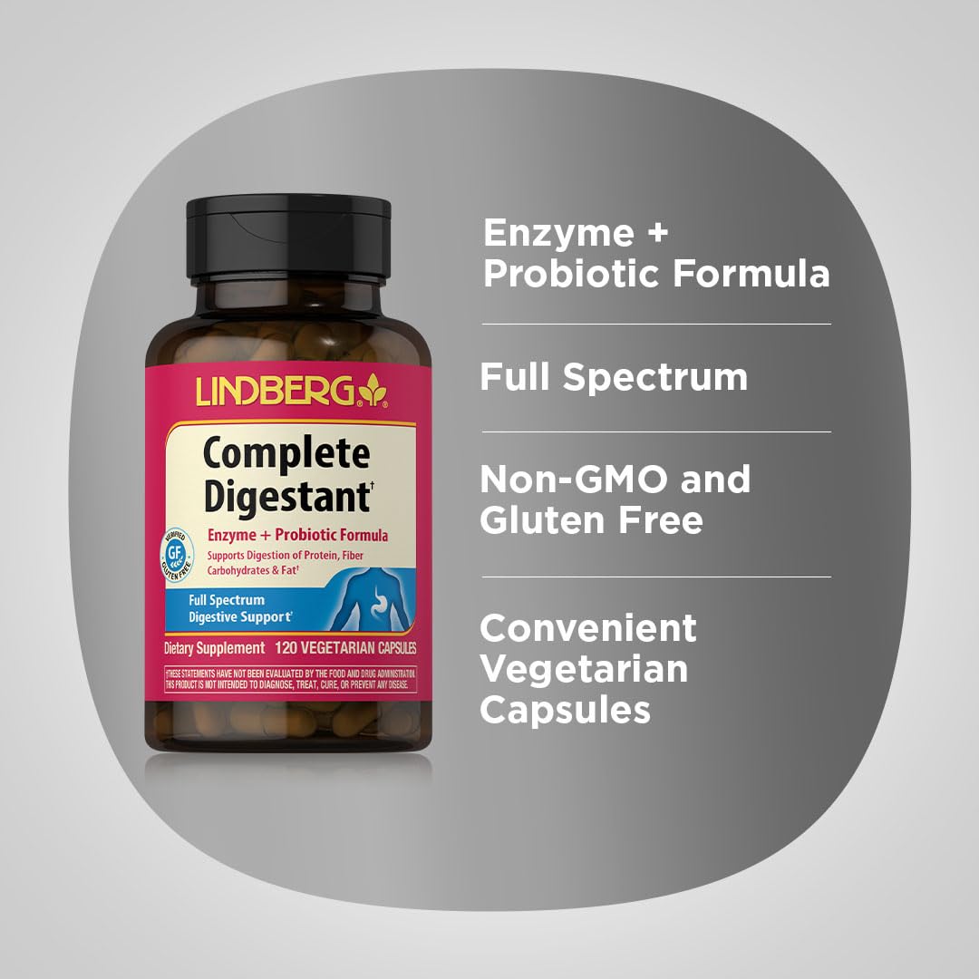 Lindberg Complete Digestant Multi-Enzyme Formula with Pancreatin and Betain Hydrochloride Capsules, 120 Capsules