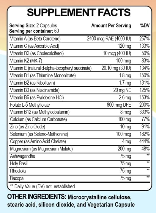 Raise Them Well Mom Multi+ Daily Multivitamin for Women with Active Folate, Adaptogens & Bacopa, Energy, Stress & Cognitive Support, 120 Capsules