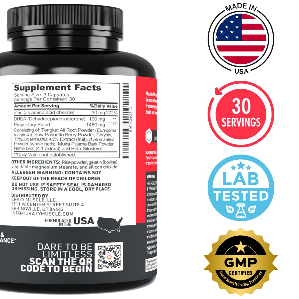 Crazy Muscle Testosterone Booster for Men with DHEA, 100mg, Muscle Attack, 90 Capsules