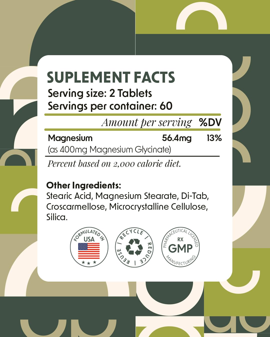 Alpha & Omega Nutrition Magnesium Glycinate 400mg Tablet, 1 Tablet