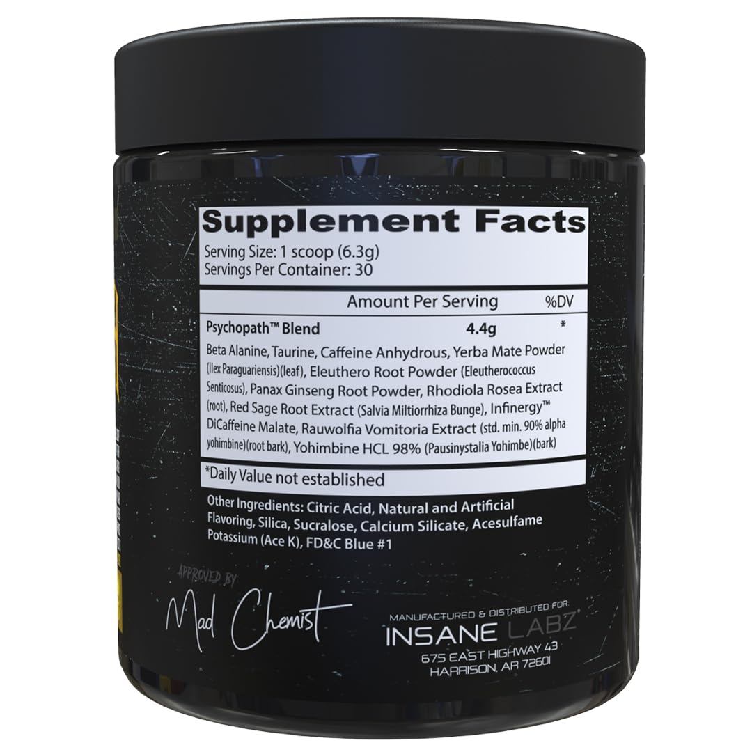 Insane Labz Psychopath Preworkout Powder, Blue Raspberry, 30 Servings