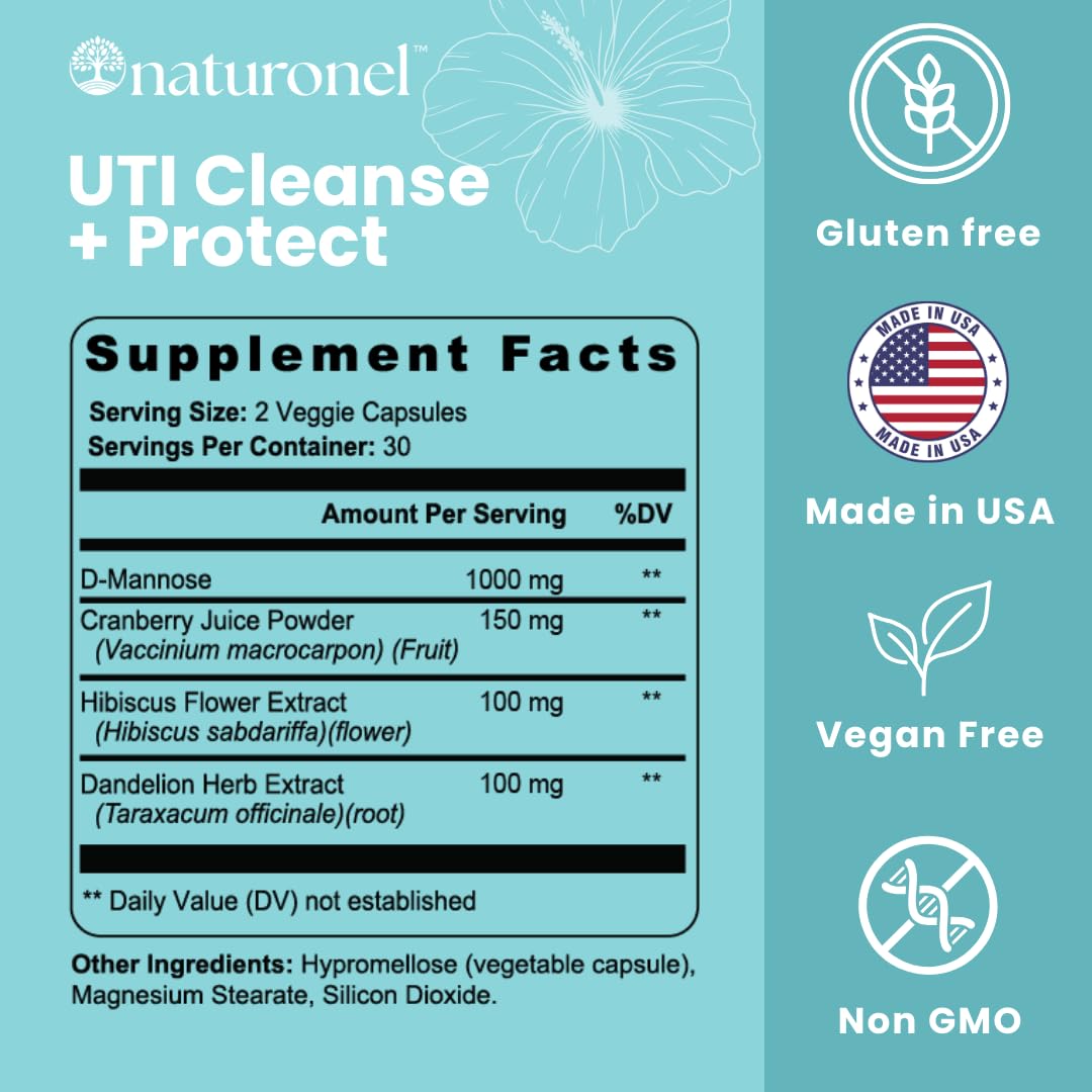 Naturonel UTI Cleanse + Protect Urinary Tract Support with D-Mannose, Cranberry, Hibiscus & Dandelion Capsules, 60 Count