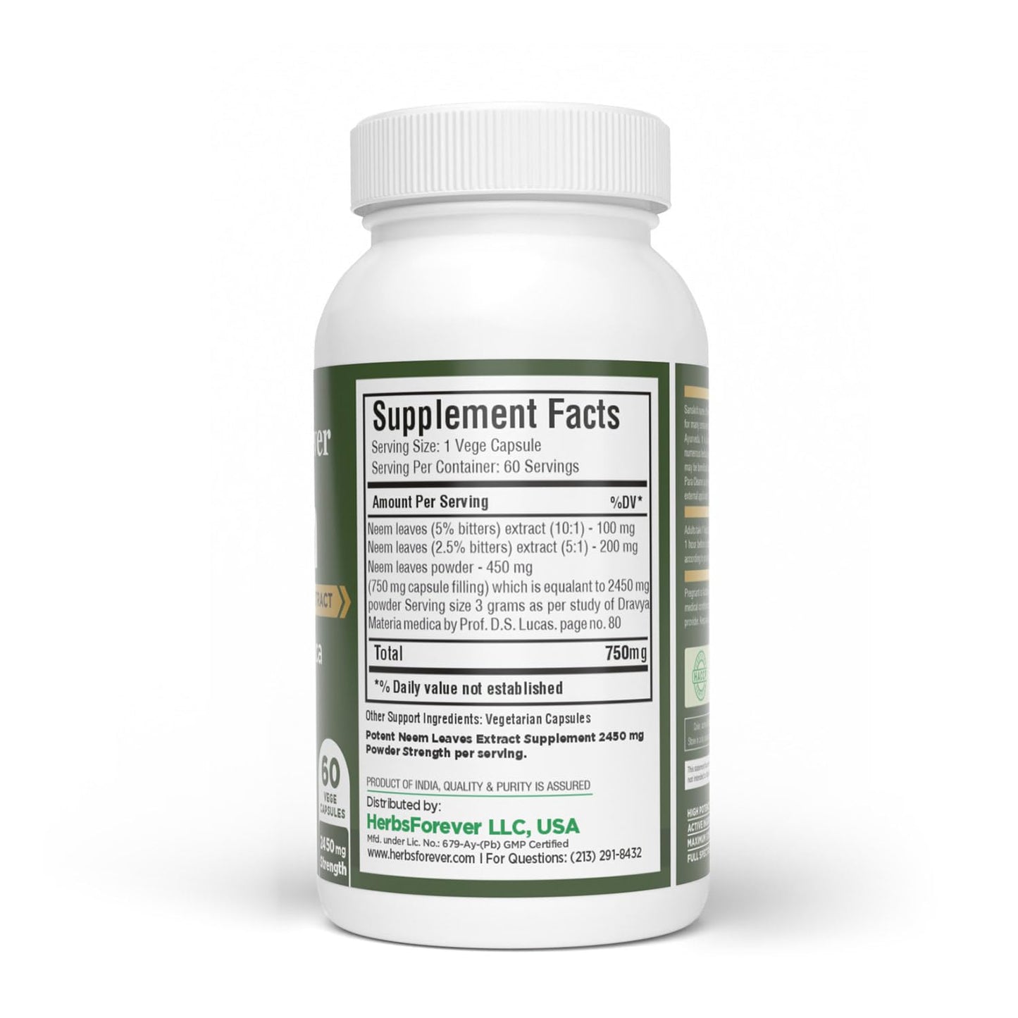 Herbsforever Neem (Azadirachta Indica) Extra Strength 10:1 Extract, Equivalent to 2450 mg Leaves Powder per Serving, Supports Immunity, Clear Skin, Face Complexion & Blood Purify, 60 Veg Capsules