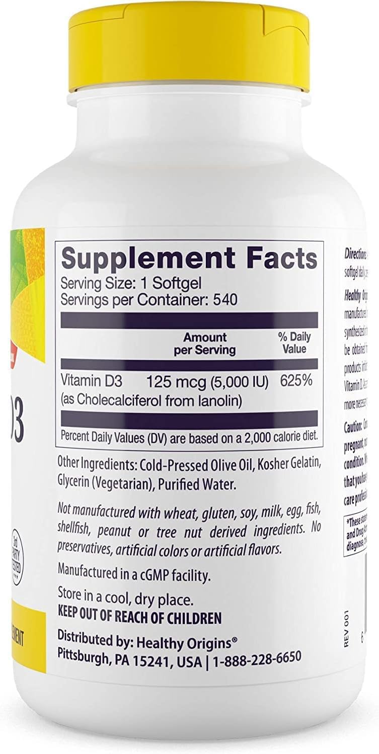Healthy Origins Vitamin D3 (Lanolin) 5,000 IU Softgel, 540 Softgels