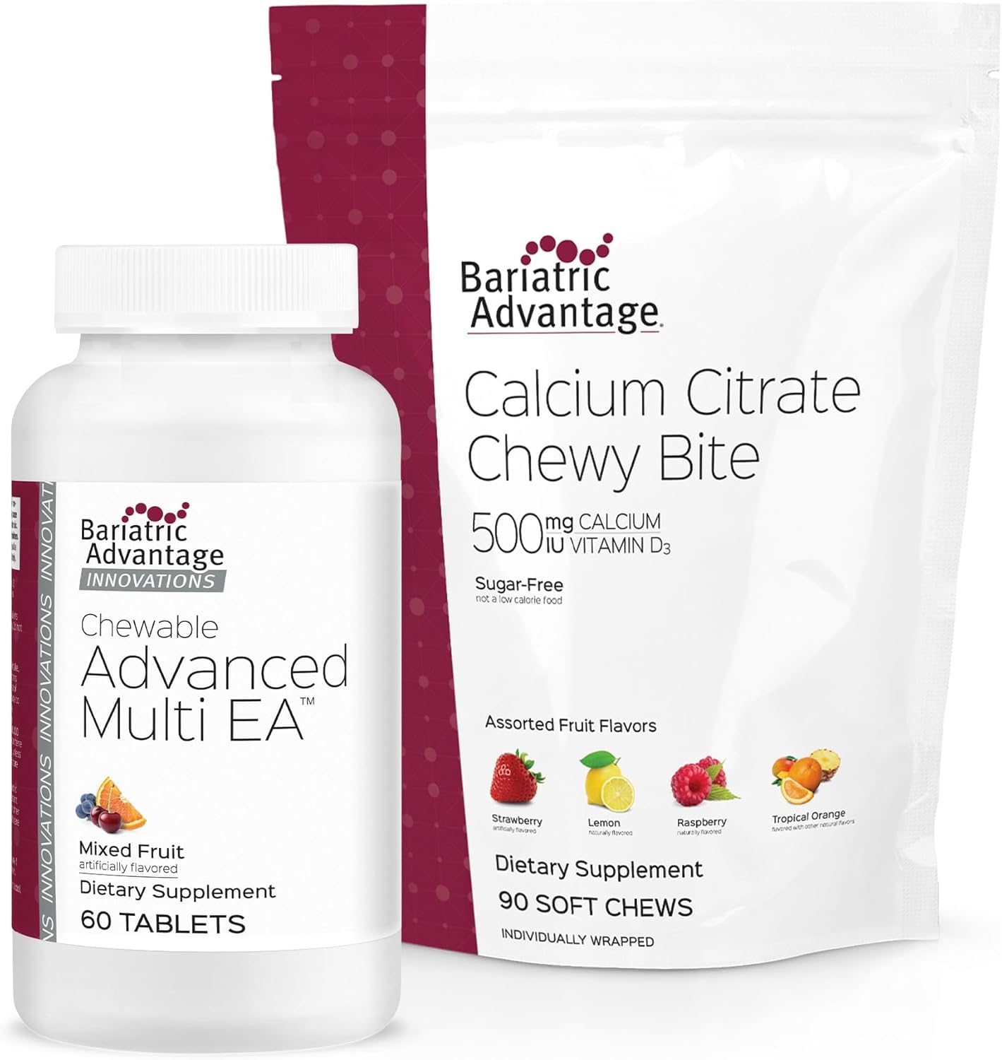 Bariatric Advantage Chewable Advanced Multi EA Without Iron, Mixed Fruit, 60 Count and Calcium Citrate Chewy Bites 500 mg, Assorted Fruit Flavor, 90 Count