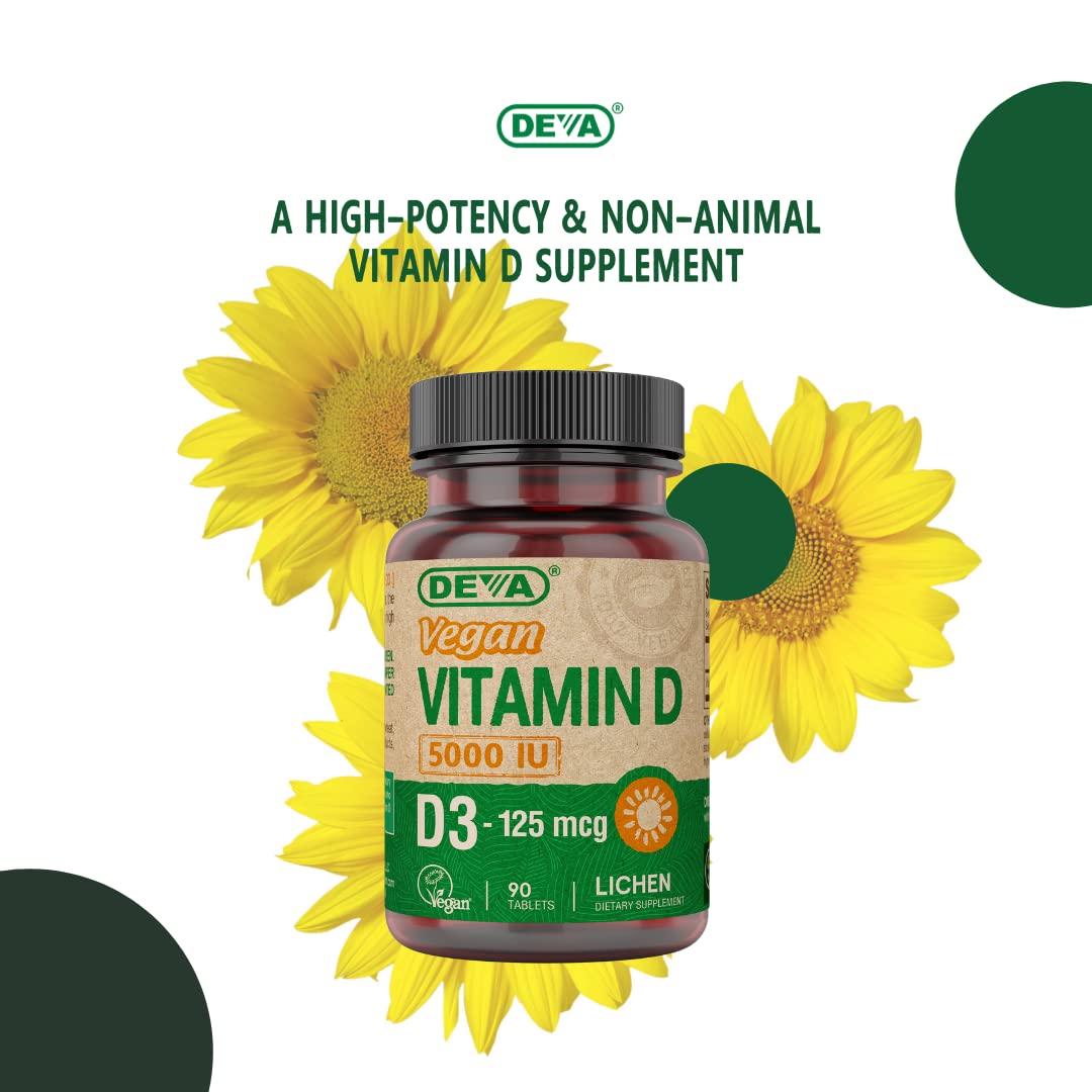 DEVA Vitamin D3 5000 IU (125 mcg) Vegan D3 Sunshine Supplement, 90 Tablets