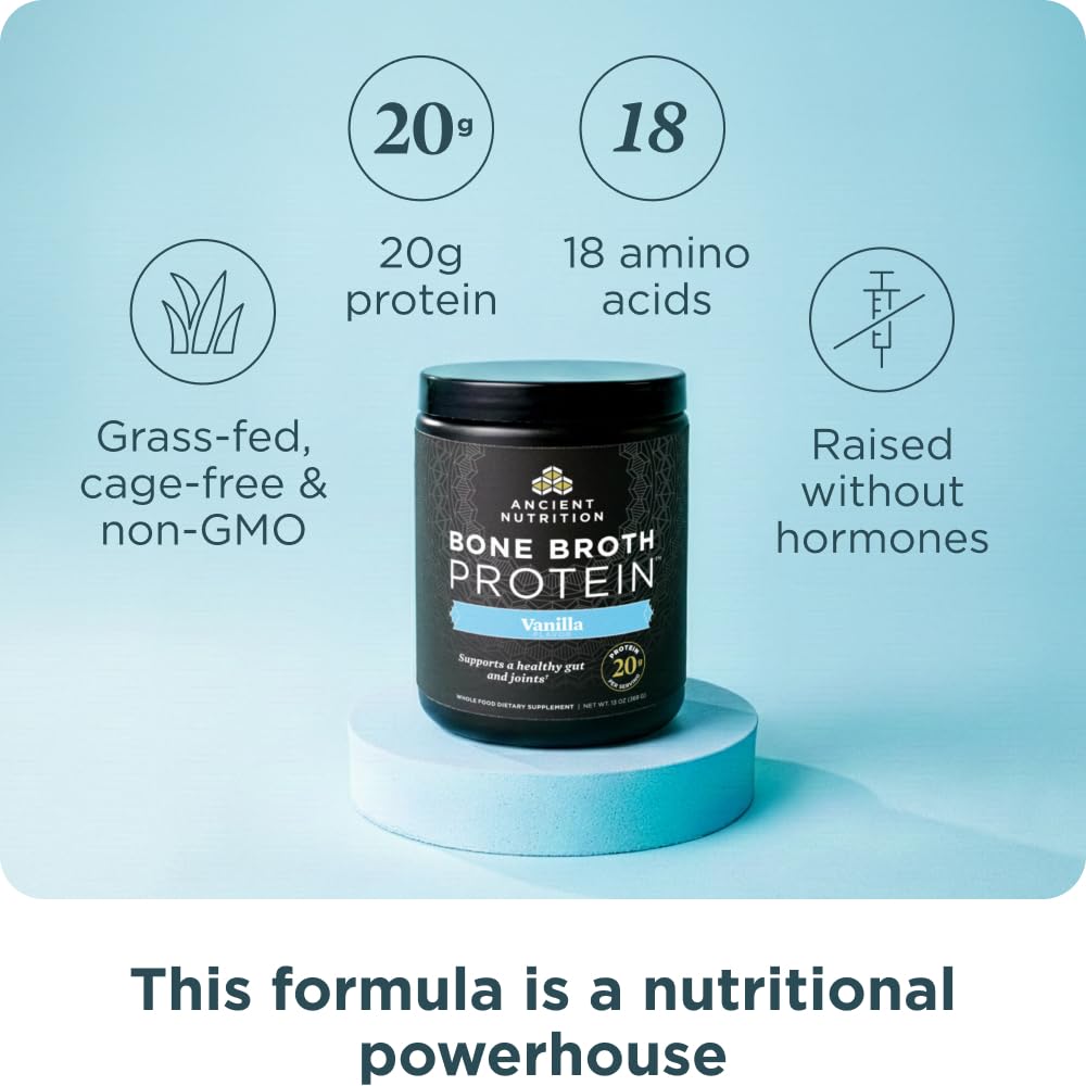 Ancient Nutrition Grass Fed Bone Broth Protein Powder, Vanilla, 13 Servings