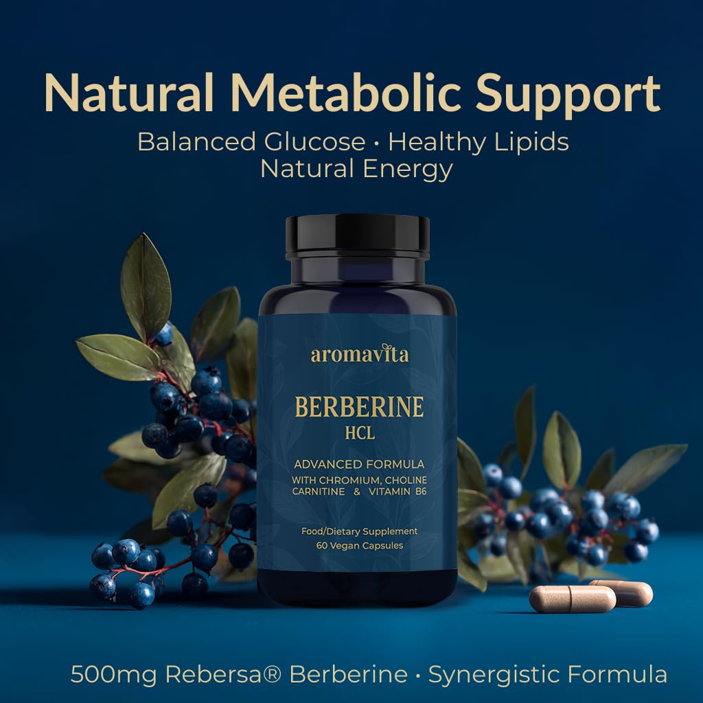 AROMAVITA Premium Berberine HCL – Rebersa® 500mg, ACV, Chromium, Choline, L-Carnitine & B6 – to Reduce Appetite and Cravings for Clinically Proven Weight Loss & Lipid Metabolism, Capsules, 60