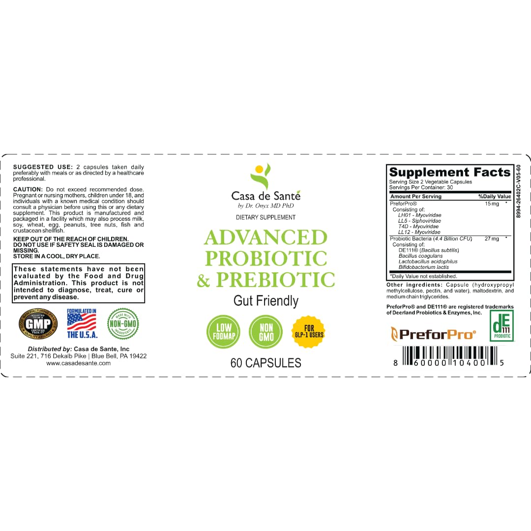 Casa de Sante Advanced Probiotic & Prebiotic Synbiotic with PreforPro Technology 4.4B CFU Capsules, 60 Count