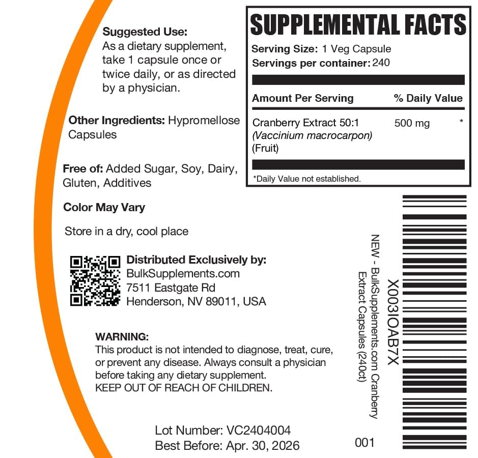 BulkSupplements Cranberry Extract Capsules 240 Count
