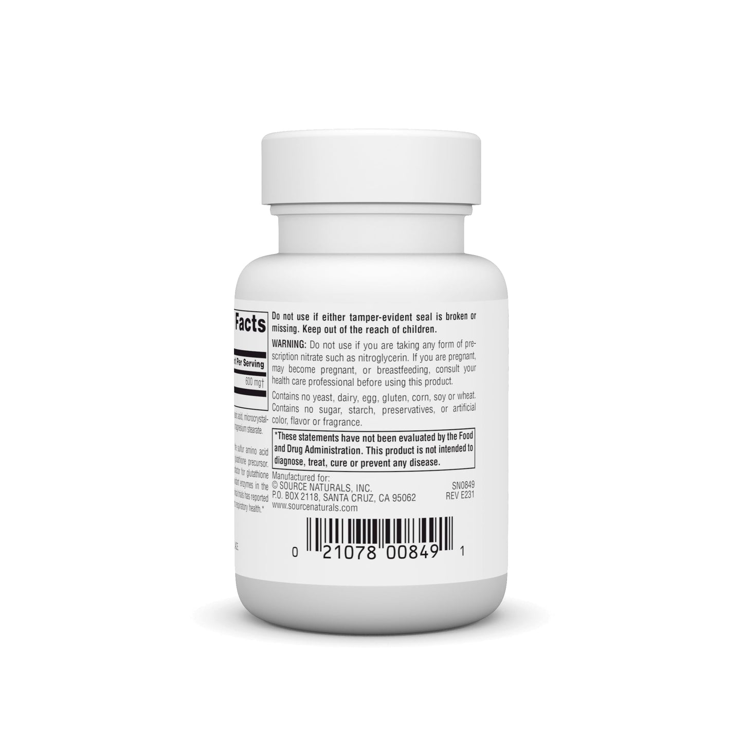 Source Naturals N-Acetyl Cysteine 600 mg Antioxidant Support Dietary Supplement Tablets - 30 Tablets