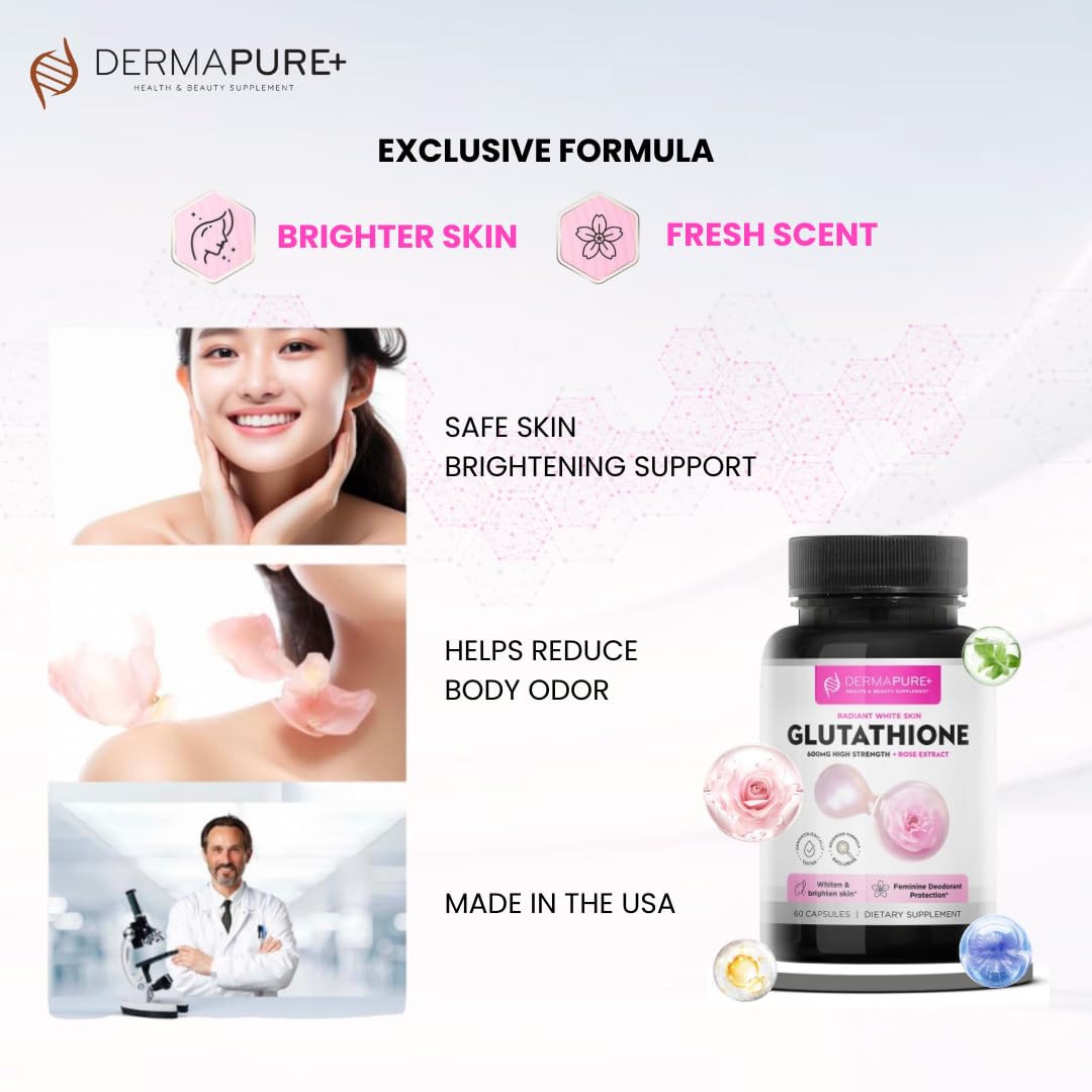 HVSun Dermapure Glutathione Whitening Pills 2-in-1, 600mg with Rose Oil Extract – Skin Lightening & Deodorant Supplement - Dark Spots, Acne Scars & Hyperpigmentation – Made in USA, 60 Capsules