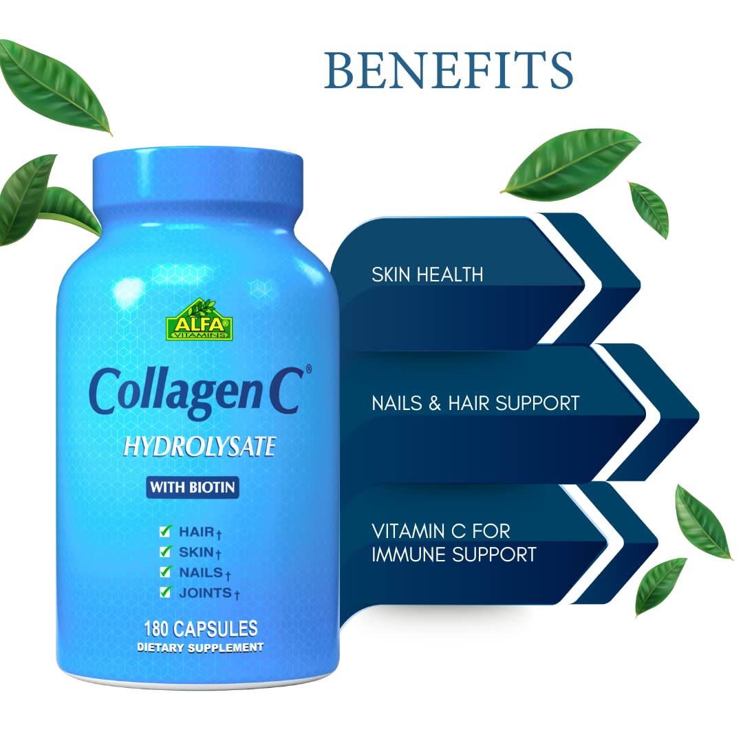 ALFA VITAMINS CollagenC Collagen Hydrolysate with Biotin - Anti-Aging Nutritional Supplement for Skin, Nails & Hair Rejuvenation - Supports Bone & Muscle - Made in USA, 180 Capsules