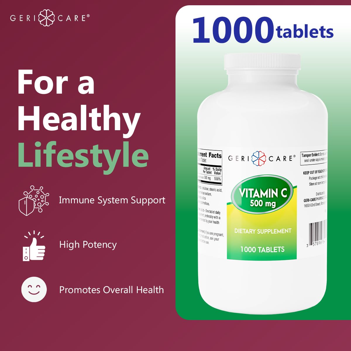 GeriCare Vitamin C 500 mg Tablet, 1000 Count
