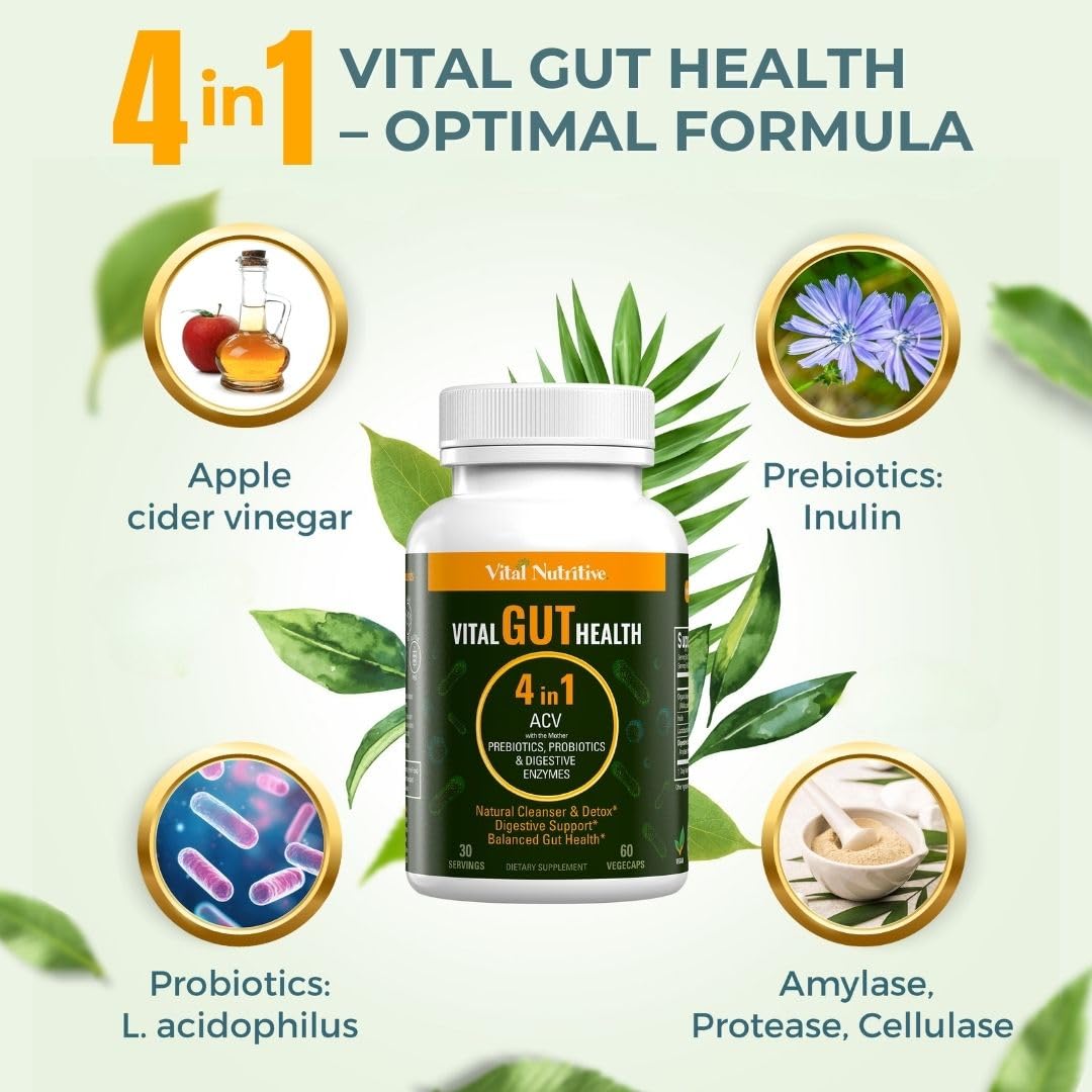 VITAL NUTRITIVE Vital Gut Health 4in1 Formula with Apple Cider Vinegar, Prebiotics & Probiotics, Digestive Enzymes 120 Capsules