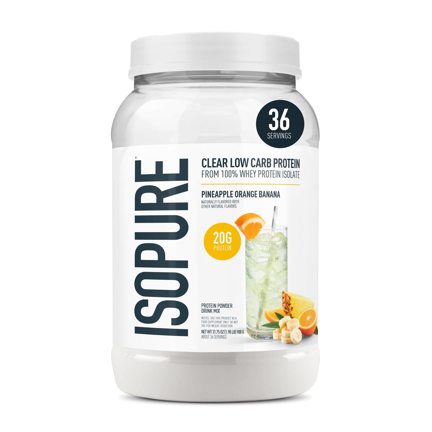 Isopure Clear Whey Isolate Protein Powder, Pineapple Orange Banana Flavor, 36 Servings