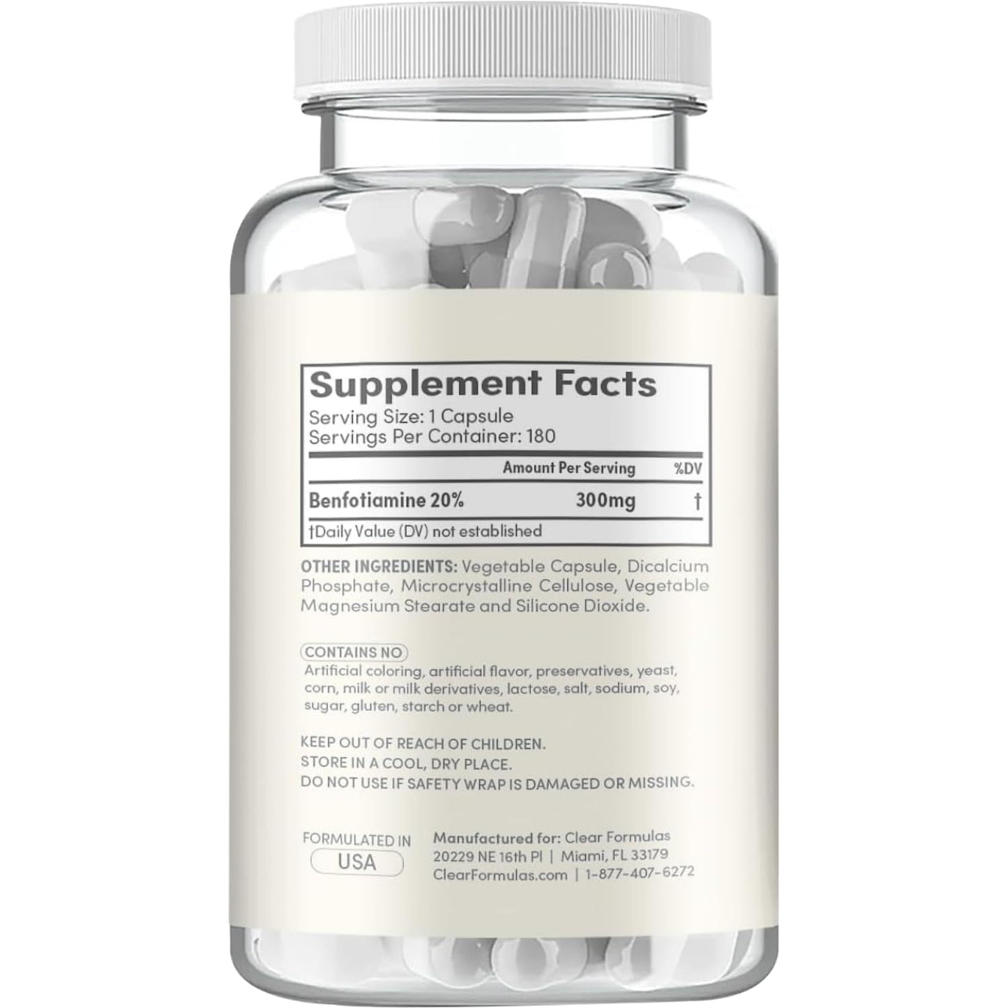 Clear Formulas Benfotiamine B1 300mg Capsule, 180 Count