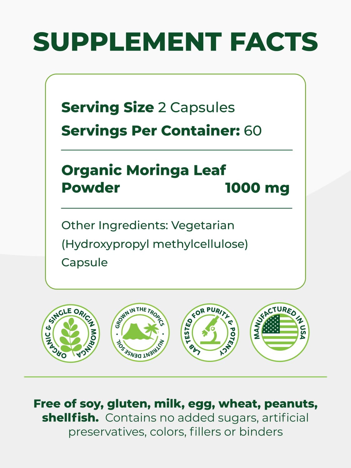 Pura Vida Moringa Organic Moringa Capsules, 500mg, 120 Count
