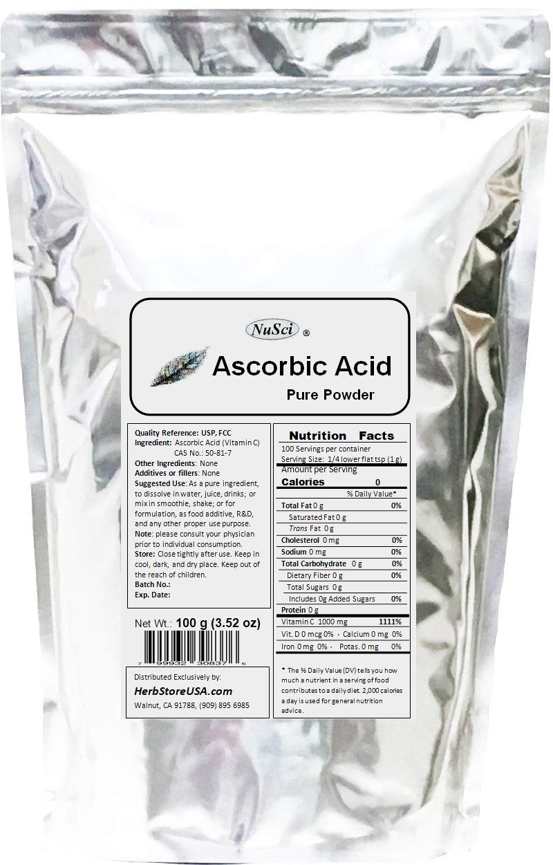 NuSci Ascorbic Acid Vitamin C Pure Powder USP & FCC Quality, 3.53 oz