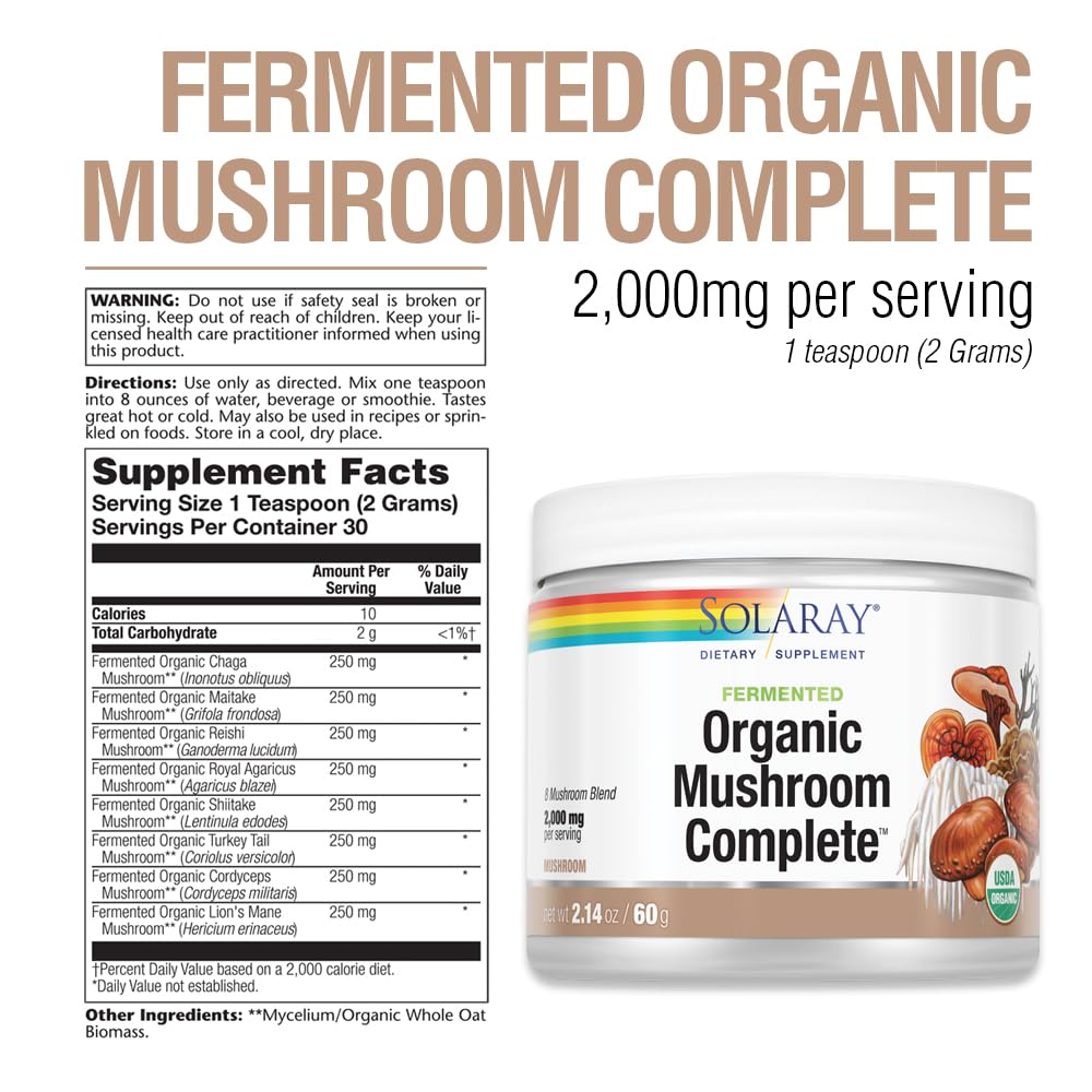 SOLARAY Fermented Organic Mushroom Complete Powder - 8 Mushroom Blend, 2000 mg per Serving, 2.14 oz