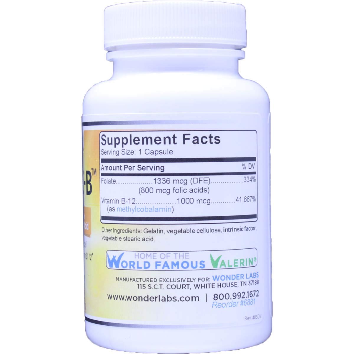 Wonder Laboratories Intrinsic Factor with Folic Acid and Vitamin B-12 1000mcg Capsule, 120 Capsules