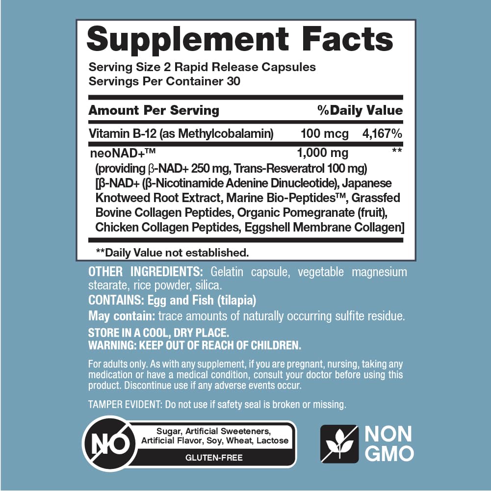 NeoCell NAD+ Resveratrol Supplement with Multi Collagen Bio-Peptides, 1,000mg, 60 Capsules