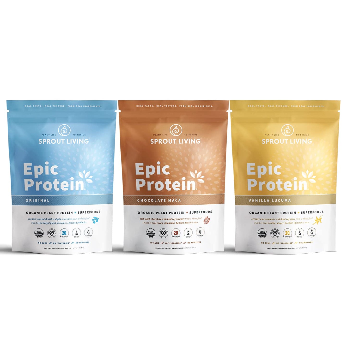 Sprout Living Epic Protein Bundle - Original, Chocolate Maca & Vanilla Lucuma Protein Powder, 1 lb, 12 Servings, 2-Pack