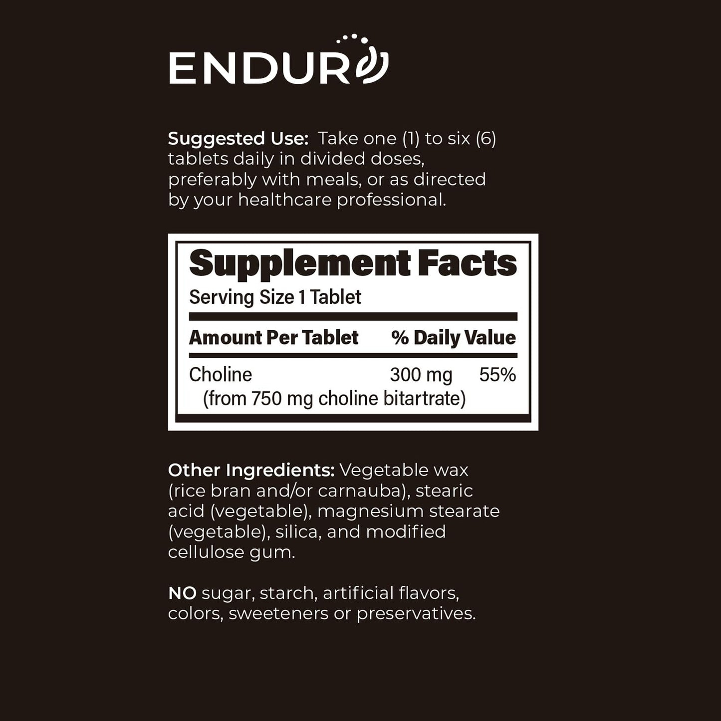 Endurance Products ENDUR Choline L(+) Bitartrate SR 300 mg Tablet, 200 Count