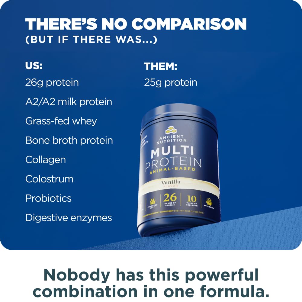 Ancient Nutrition Grass Fed Multi Protein, Bone Broth, Whey, Vanilla Bean Protein Powder, 18 Servings
