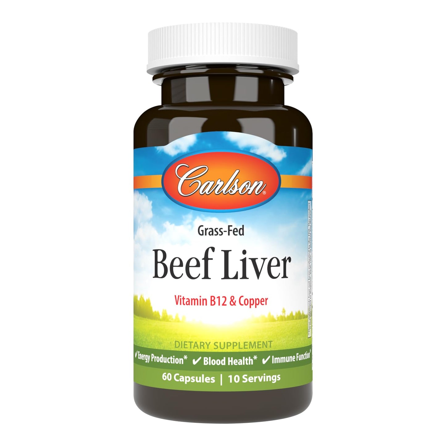 Carlson Grass-Fed Beef Liver with Iron & Copper for Blood Health & Energy, Red Blood Cell Production, 60 Capsules
