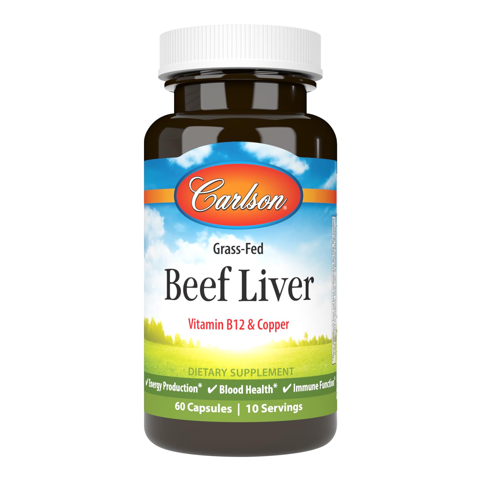 Carlson Grass-Fed Beef Liver with Iron & Copper for Blood Health & Energy, Red Blood Cell Production, 60 Capsules