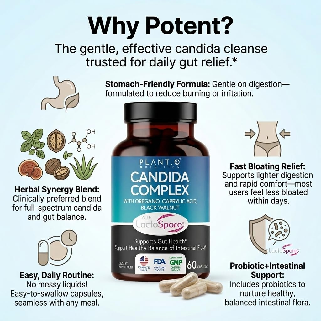 PLANT.O NUTRITION Candida Cleanse Supplement & Yeast Support with Probiotics (LactoSpore®), Oregano Oil, Caprylic Acid, Black Walnut – Advanced Gut Health, Digestive Enzymes, pH Balance for Women and Men, 60 Capsules