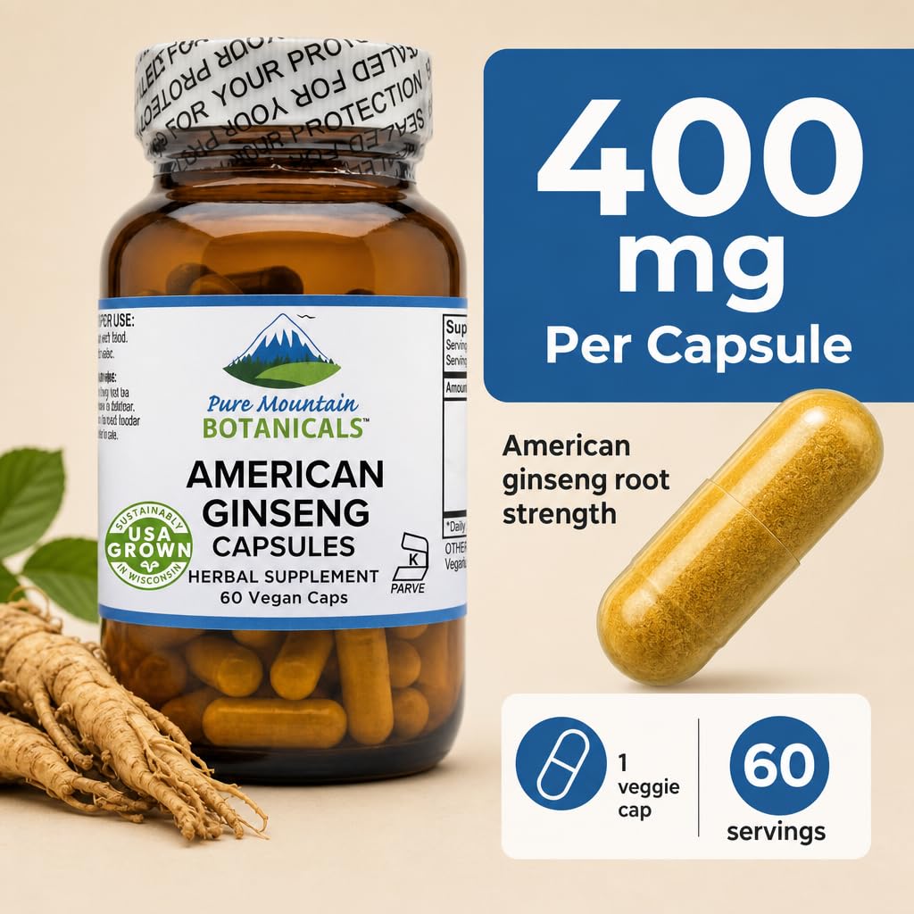 Pure Mountain Botanicals American Ginseng 400mg Panax Quinquefolia Ginseng Root Capsules, 60 Count