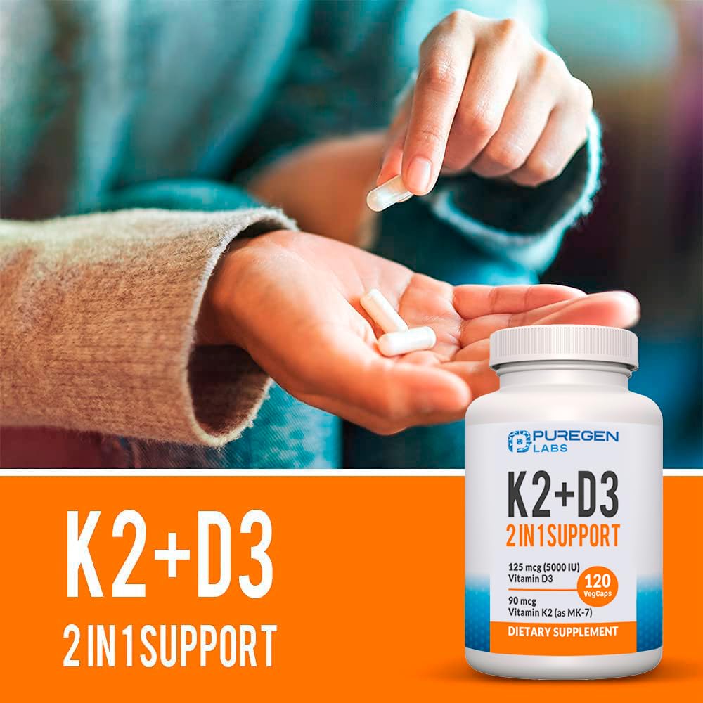 P Puregen Labs Vitamin D3 & K2 Capsule, 2-in-1 High Potency (90 mcg K2 MK7, 5000 IU D3), 120 Capsules