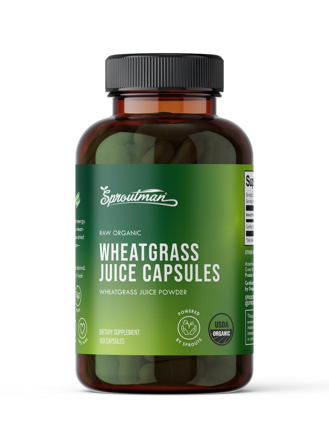 Sproutman Organic Wheatgrass Juice Powder Capsules 150 Capsules