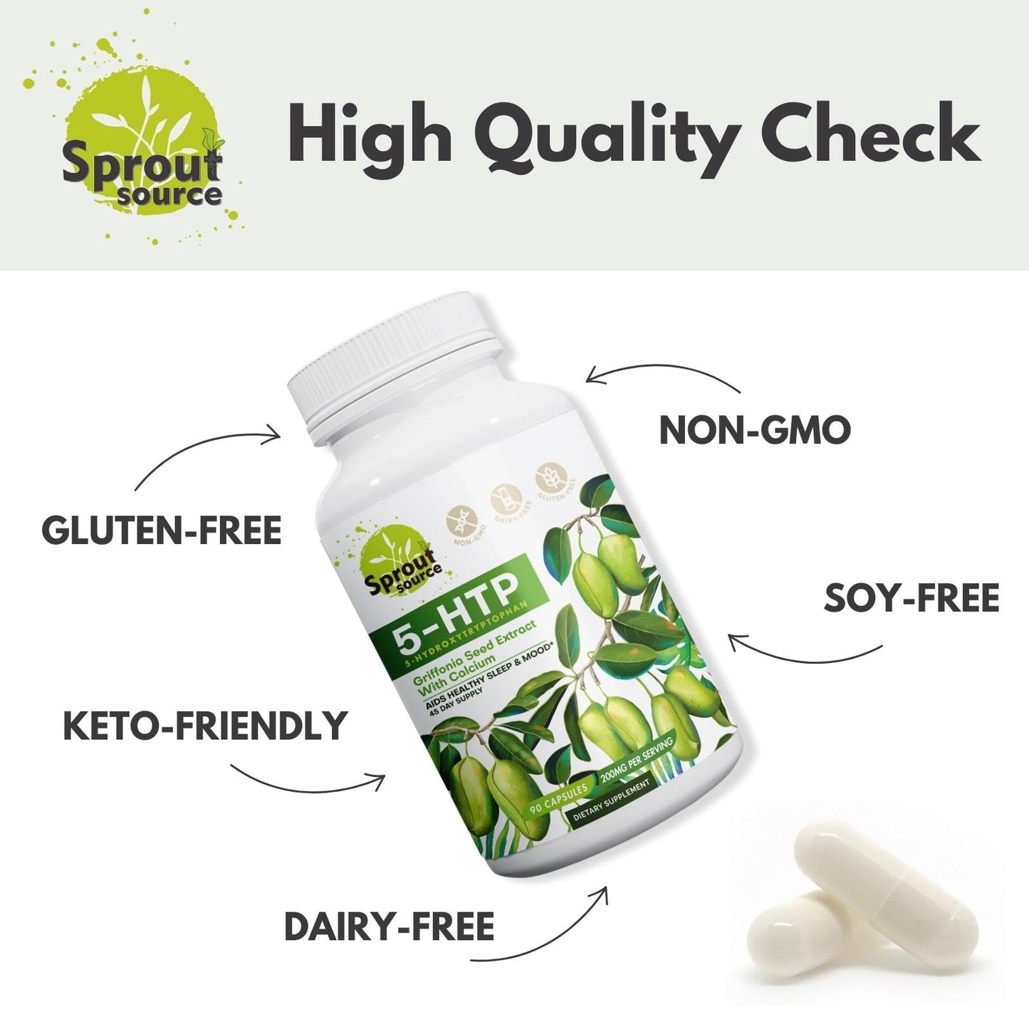 Sprout Source 5-HTP 200mg Capsules, Sleep & Mood Support with Calcium, 90 Count