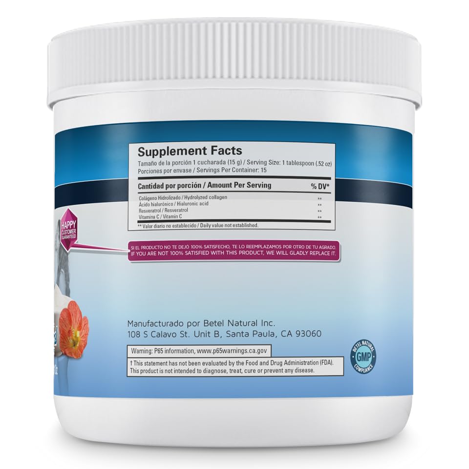 Betel Natural Hydrolyzed Collagen Powder with Hyaluronic Acid, Resveratrol and Vitamin C, 8 oz
