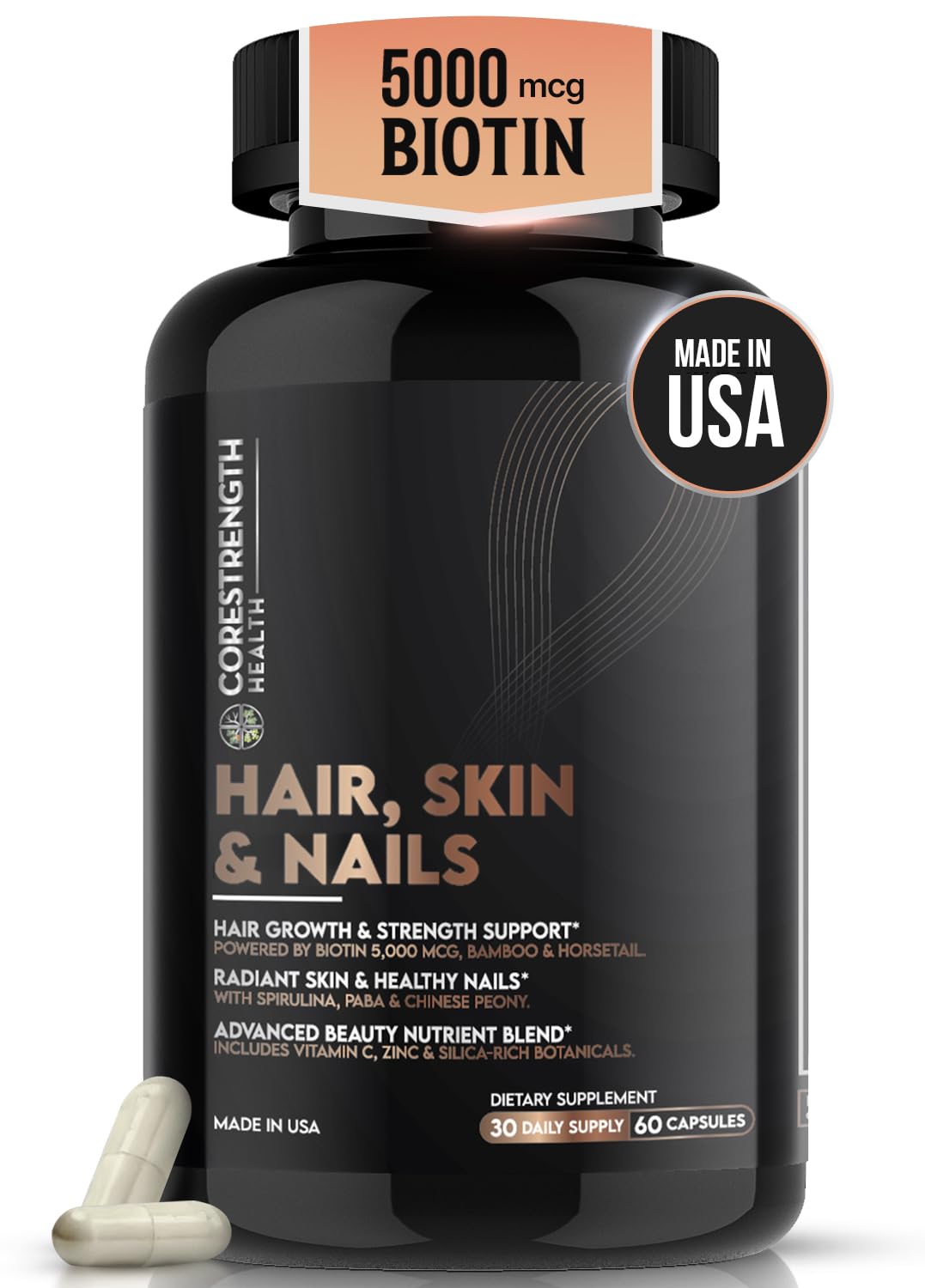 CoreStrength Health LLC Hair Skin and Nails Vitamins for Women & Men Biotin 5000mcg Capsules 60 Count