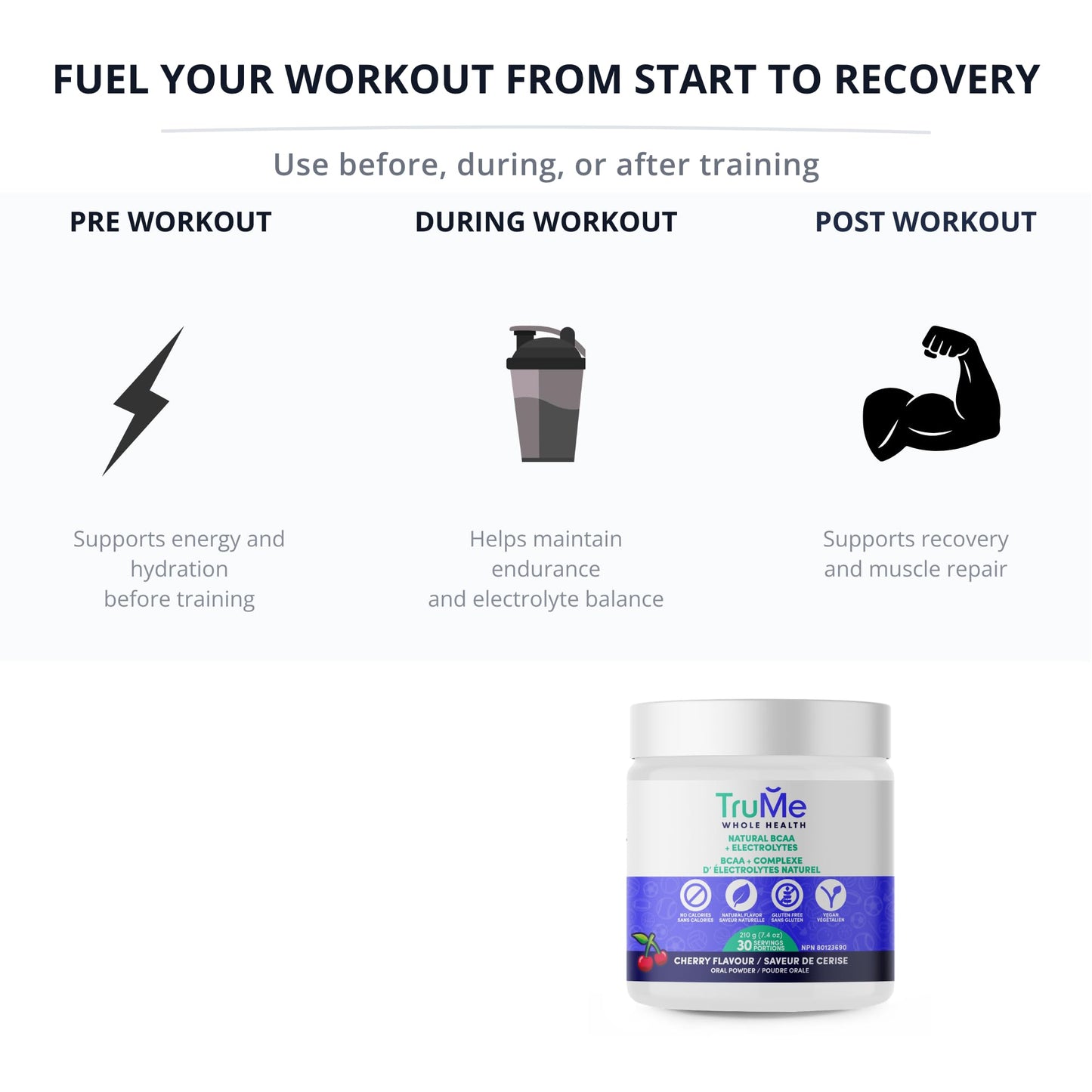 TruMe Whole Health Cherry BCAA Powder with Electrolytes, Amino Acids for Muscle Recovery & Endurance, Sugar Free Intra Workout Hydration Drink, Informed-Sport Certified, Made in Canada, 7.41 Ounce