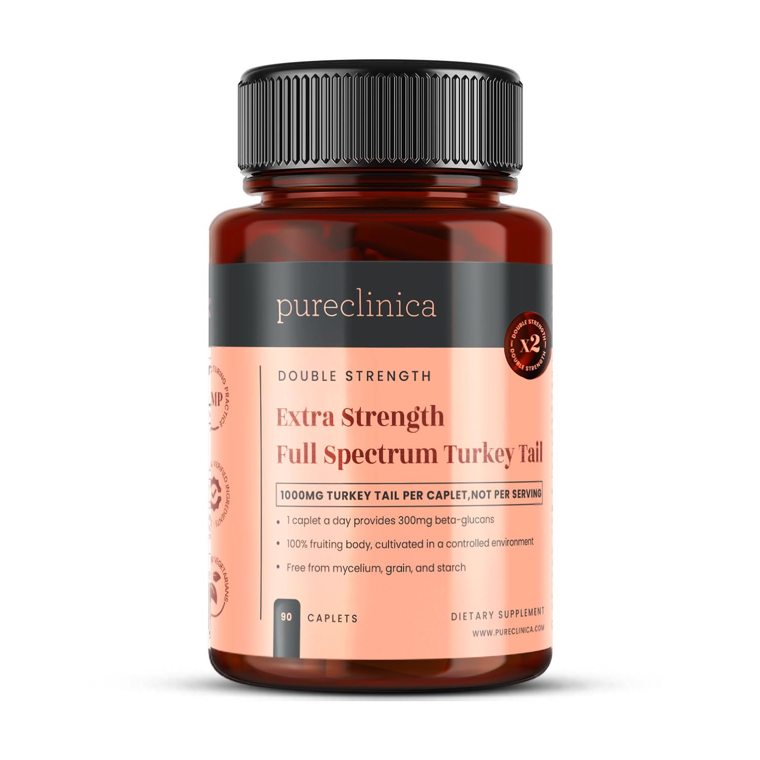 Pureclinica Full Spectrum Turkey Tail Mushroom 1,000mg per Caplet Tablet, 90 Count