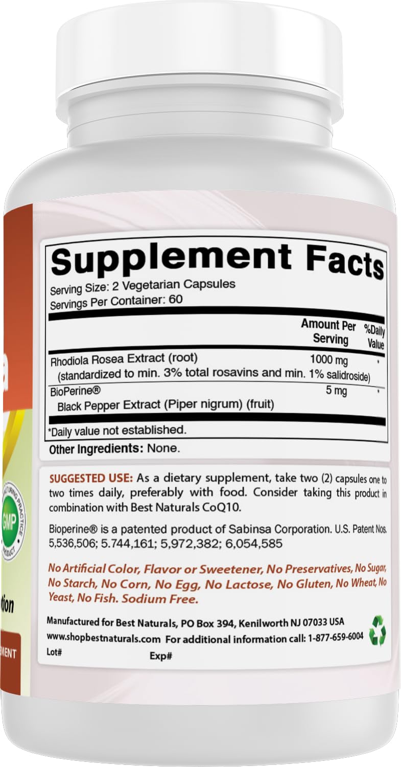 Best Naturals Rhodiola with Bioperine 1000mg Capsules, 120 Count